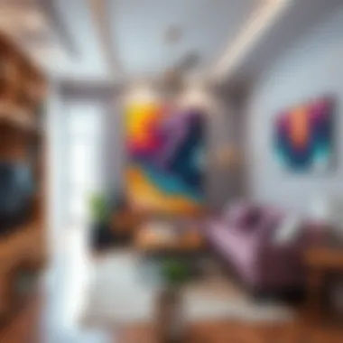 Interior room decorated with acrylic painted artwork on the walls