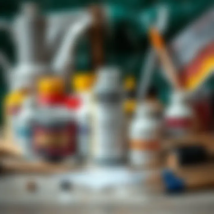 Various acrylic paint mediums and tools arranged artistically