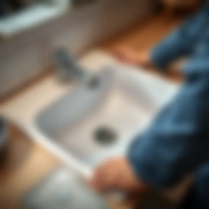 Close-up of a sink being aligned with the countertop during installation