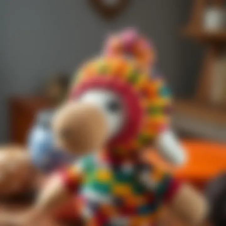 A close-up of a beautifully crafted amigurumi figure with intricate color combinations.