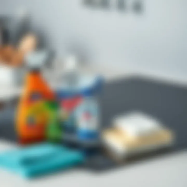 Cleaning supplies arranged beside a black glass cooktop