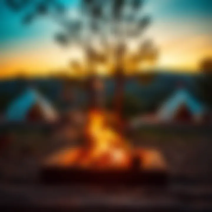 A vibrant campfire setting with tents and nature in the backdrop