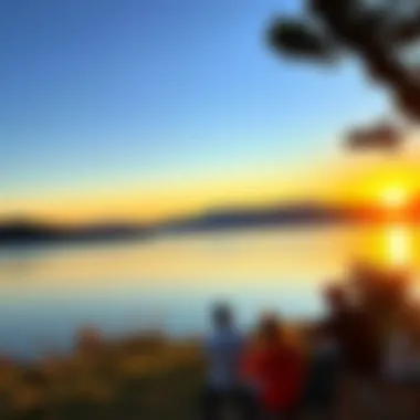 Campers enjoying a sunset by a beautiful lake in Antalya