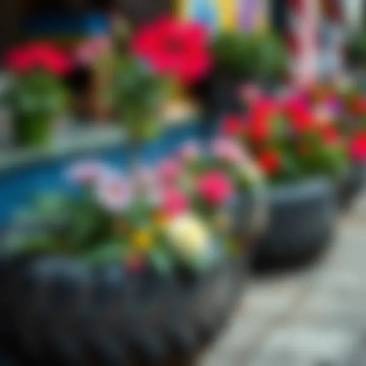 Recycled tire flower pot displaying vibrant flowers
