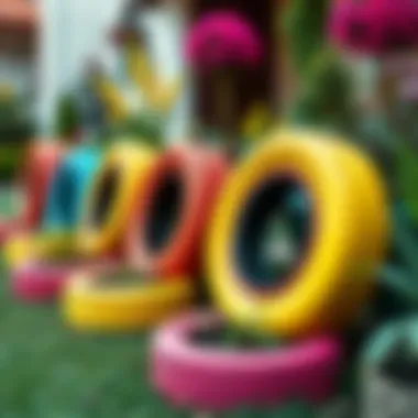 Creative arrangement of tires painted in bright colors