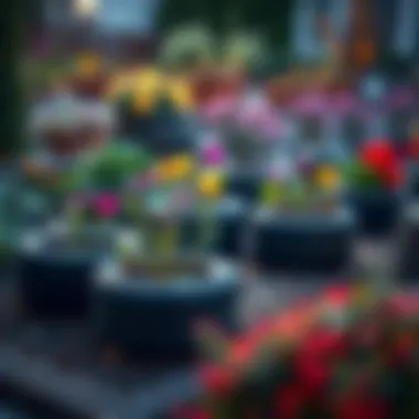 Unique setup of multiple tire flower pots in a garden