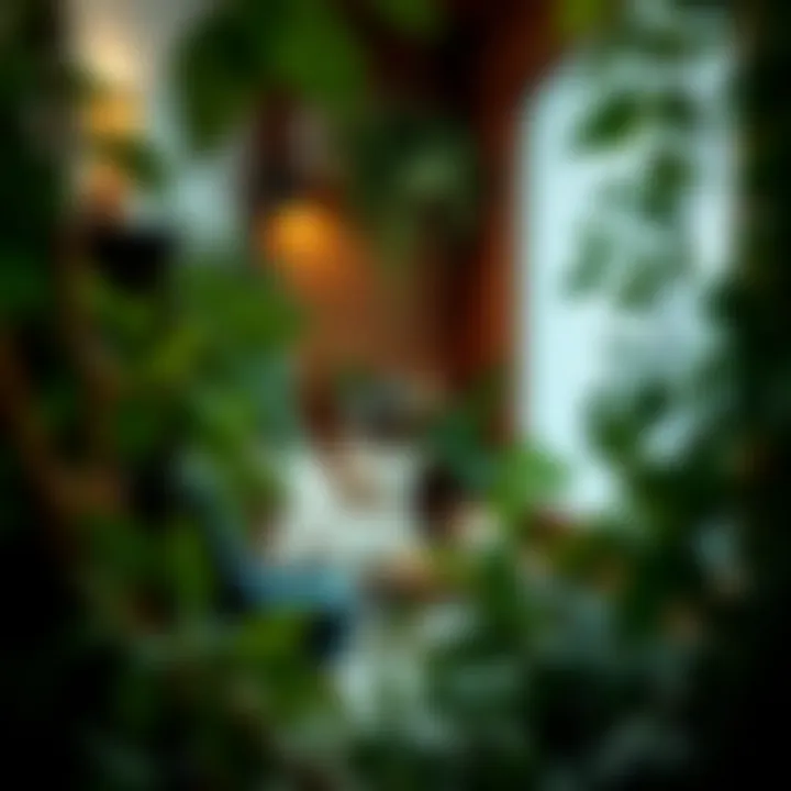 Cozy Reading Nook with Greenery A cozy reading nook surrounded by lush green foliage