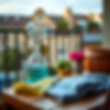 A bottle of glass cleaner and microfiber cloth on a balcony