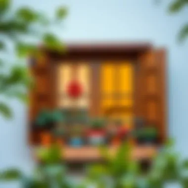 Charming balcony window with decorative plants and wooden accents