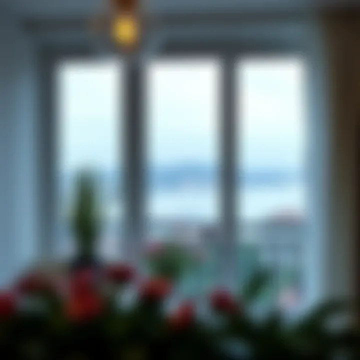 Inviting balcony window with a panoramic view and glass elements