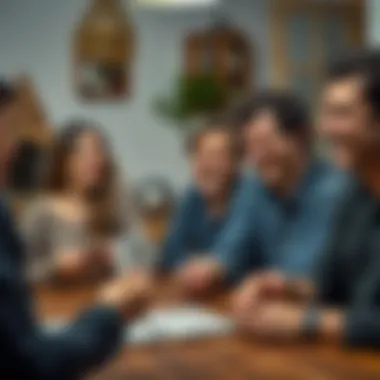 A group of friends laughing while playing a card game, showcasing their camaraderie.