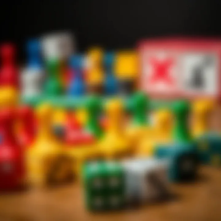 A colorful assortment of game pieces and dice ready for a fun night of games.