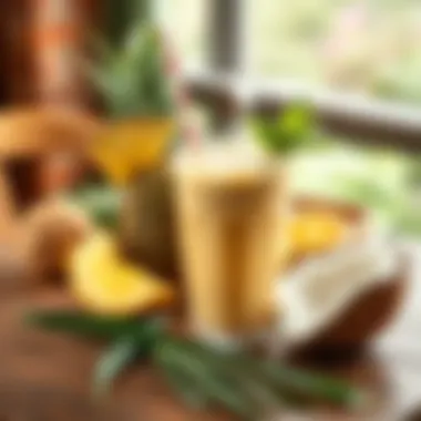 Tropical smoothie with pineapple and coconut on a wooden table