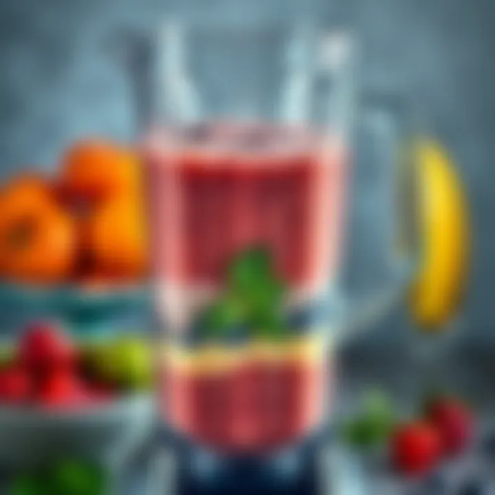 A close-up of a blender filled with a colorful smoothie mixture