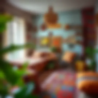 Colorful bohemian bedroom showcasing various patterns and textiles