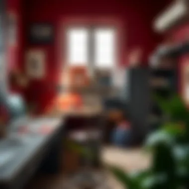 Artistic workspace with burgundy walls and inspiring color choices