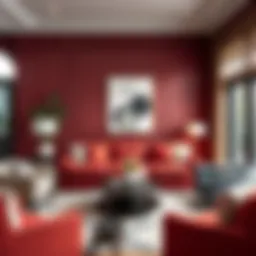 Elegant living room featuring burgundy walls and complementary decor