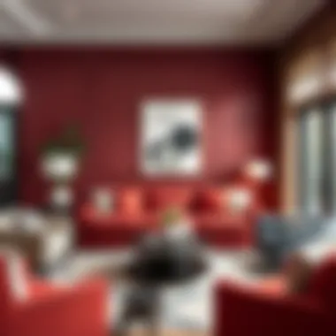 Elegant living room featuring burgundy walls and complementary decor