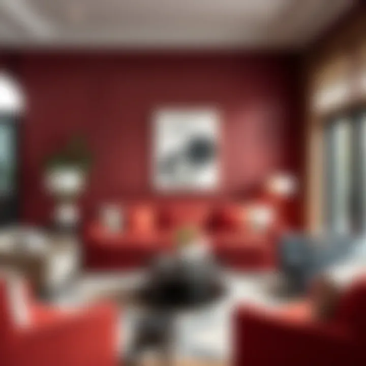 Elegant living room featuring burgundy walls and complementary decor