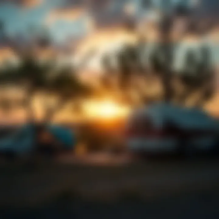 A serene view of a campsite at sunset