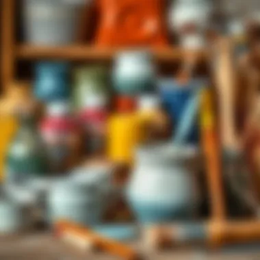 An array of ceramic paints and brushes ready for use