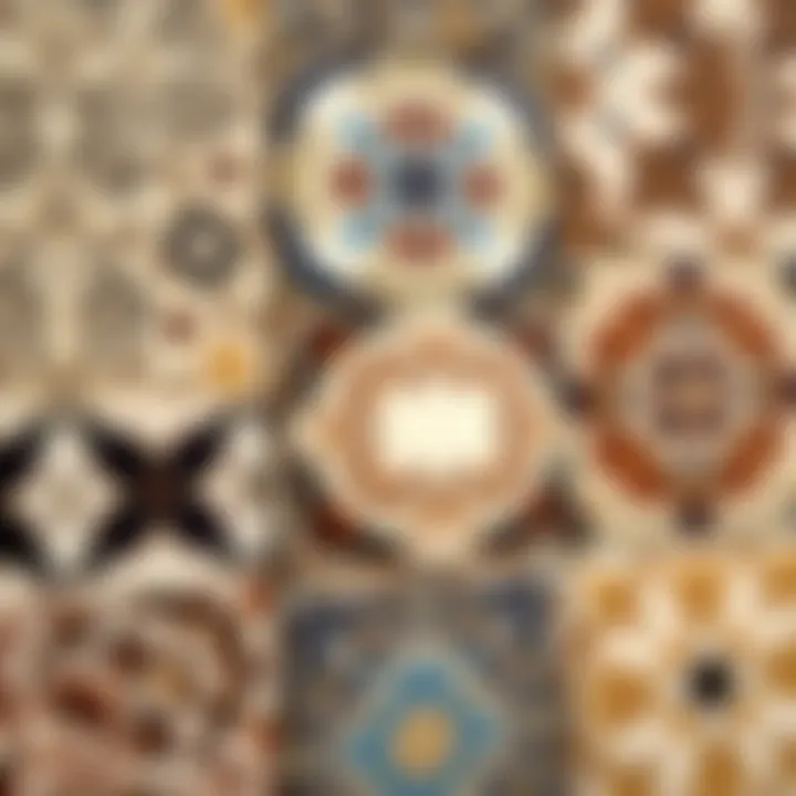 A detailed view of ceramic tiles showcasing various patterns and textures.