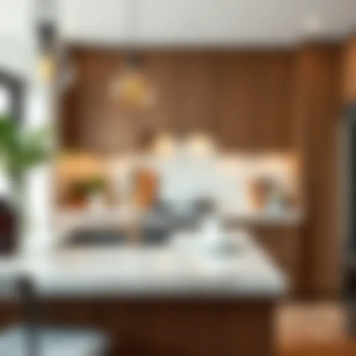 Chic kitchen with wood-like granite counter and stylish decor