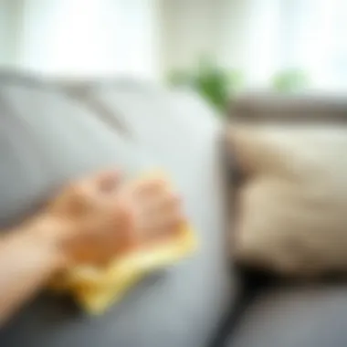 A person using a cloth to clean adhesive from a couch