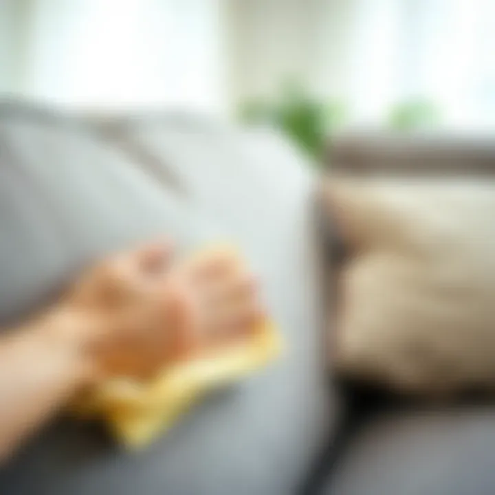 A person using a cloth to clean adhesive from a couch