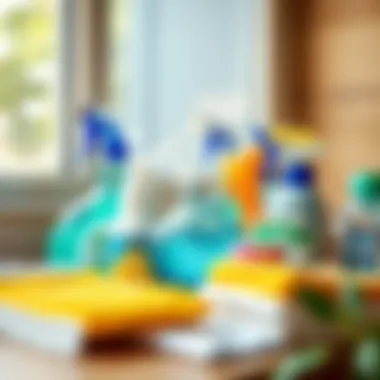 Various cleaning materials arranged aesthetically for window cleaning