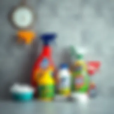Variety of cleaning supplies for bathroom wall maintenance