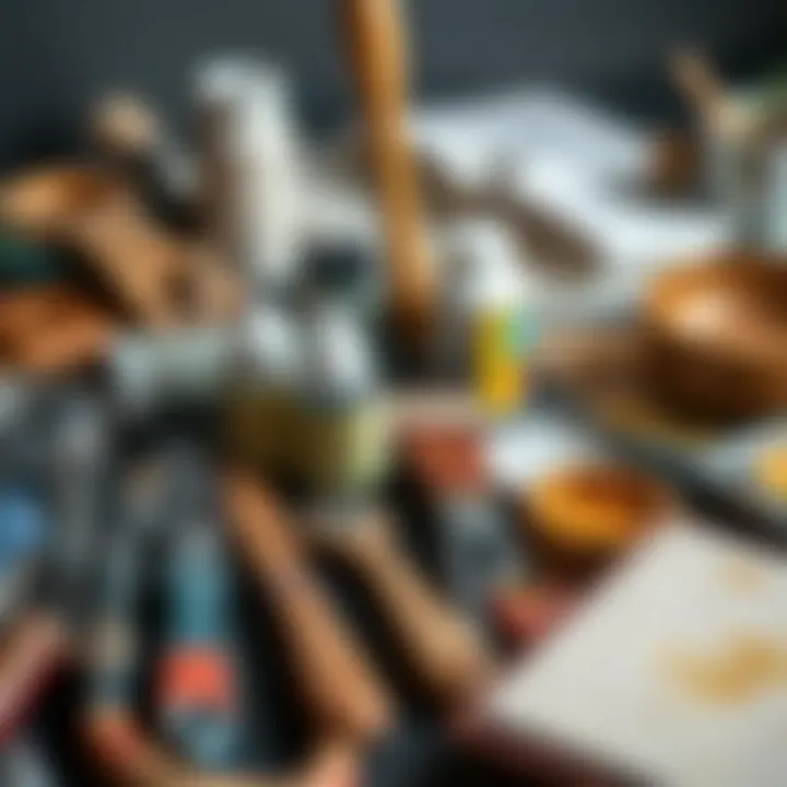 Tools and materials organized for an artistic painting session