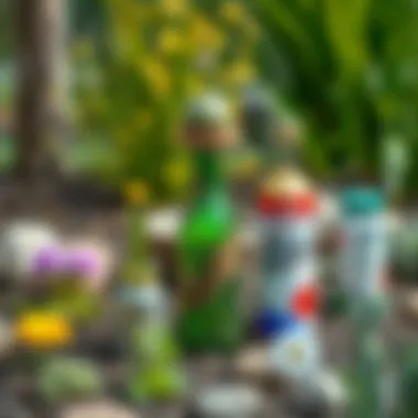 Artistic garden features created from old bottles and cans