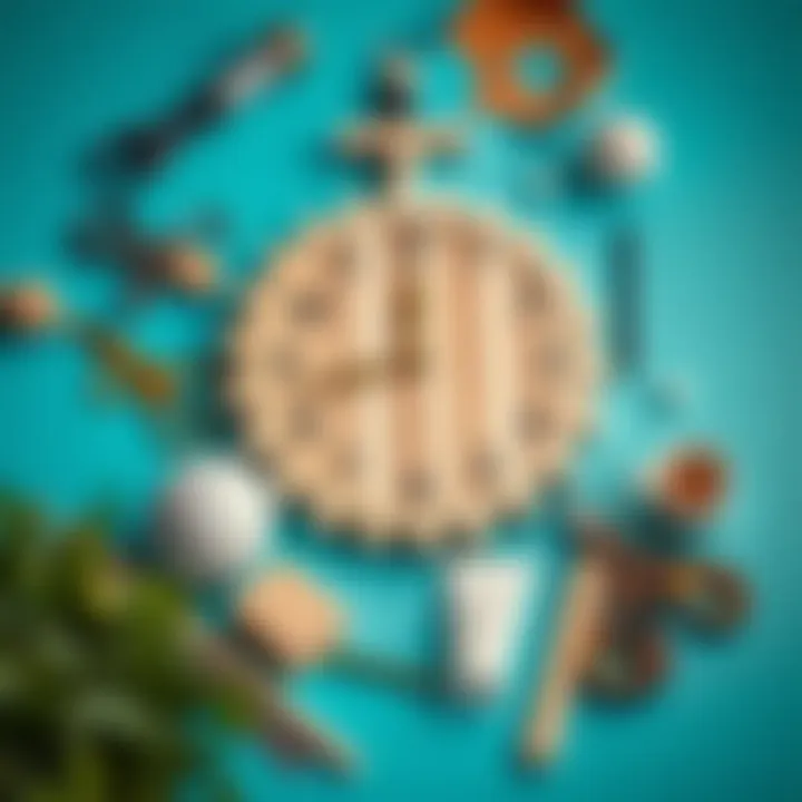 Craft materials laid out for creating a wall clock