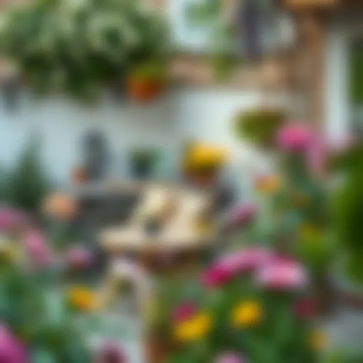 A cozy seating area surrounded by blooming flowers