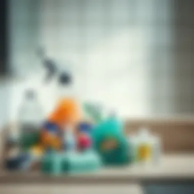 Cleaning supplies arranged neatly on a bathroom countertop