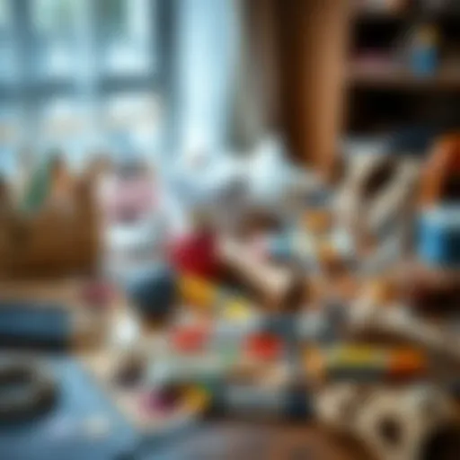 Creative home crafting materials spread out on a table