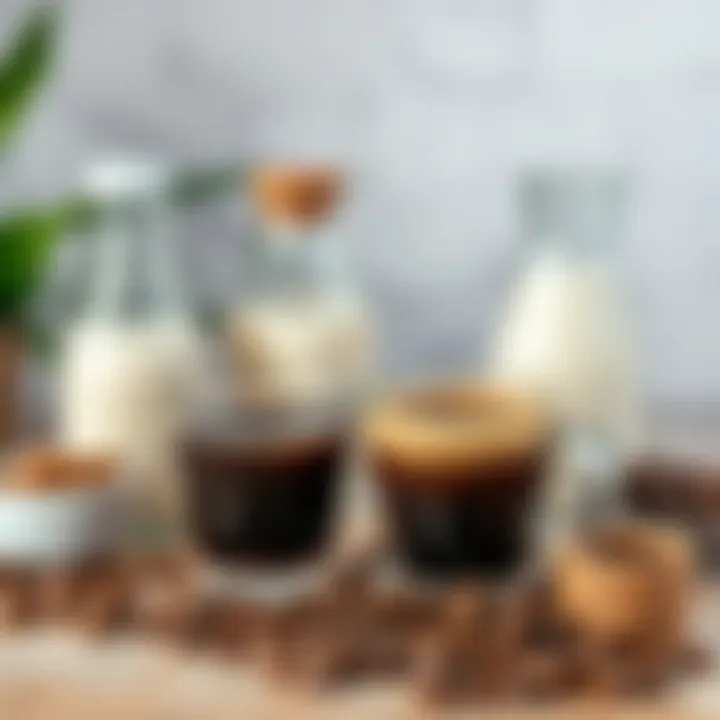 Ingredients for Cold Coffee Various ingredients for cold coffee, including coffee beans and milk alternatives