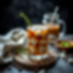 A beautifully arranged cold coffee setup with ice cubes and garnishes