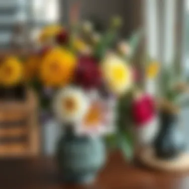 An artistic arrangement of various flowers in a decorative vase