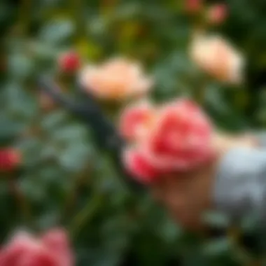 Close-up of a gardener carefully pruning a rose