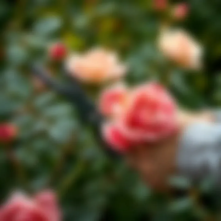 Close-up of a gardener carefully pruning a rose