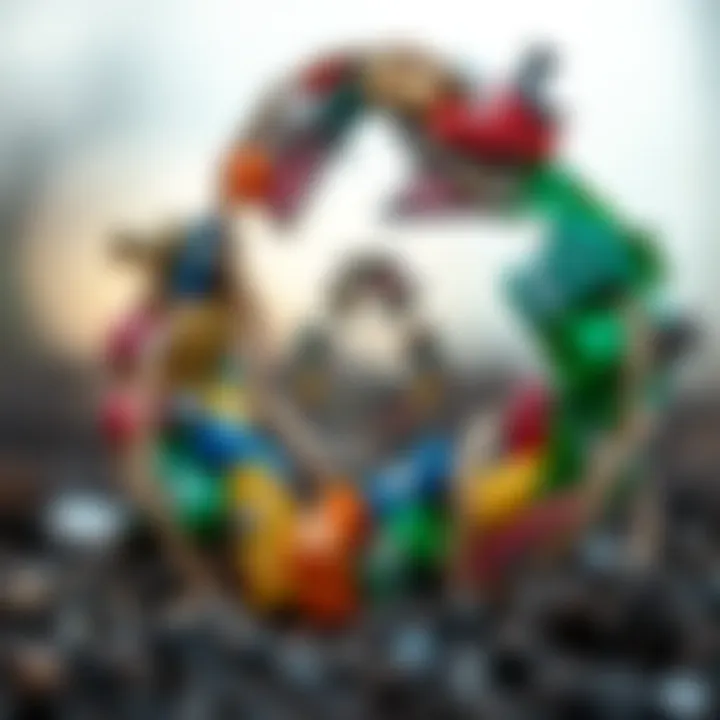 A vibrant recycling symbol crafted from various materials