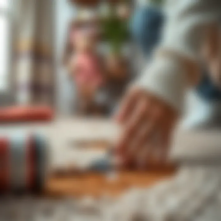 A person applying a DIY repair kit on a carpet burn