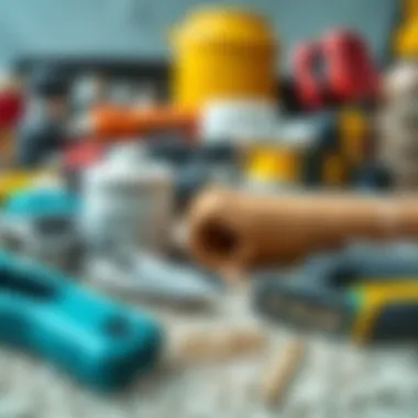 An assortment of professional carpet repair tools and supplies