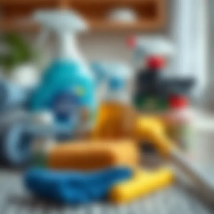 Close-up of carpet cleaning solutions and tools