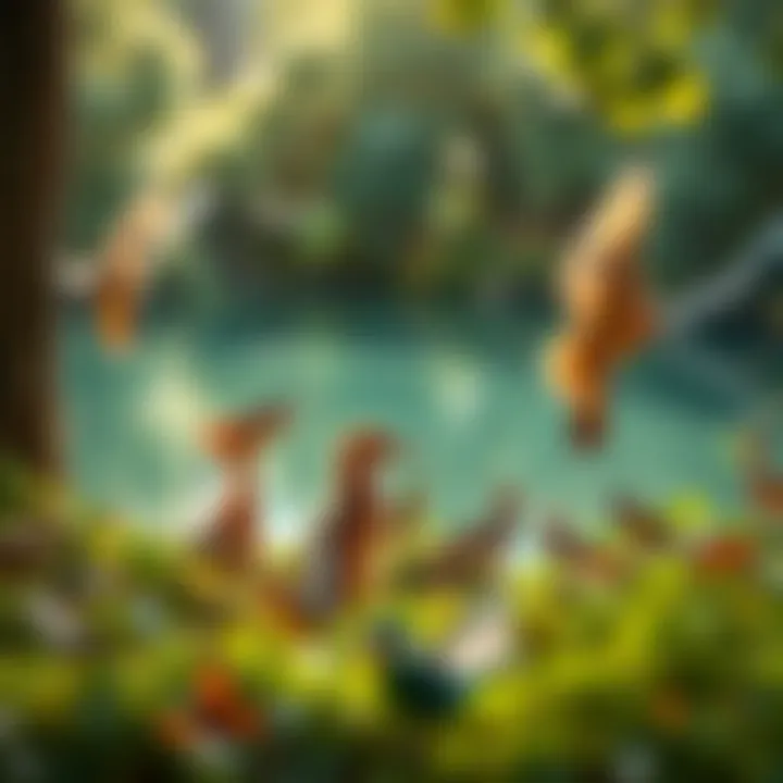 A serene wildlife habitat showcasing diverse species