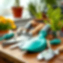 Essential gardening tools arranged on a wooden table