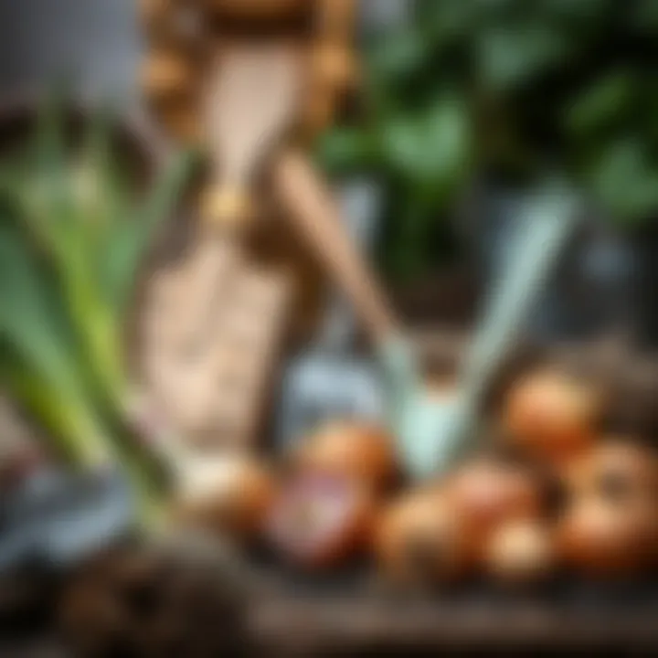 Well-organized gardening tools for planting onions