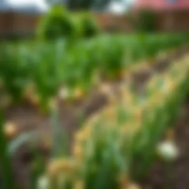 A lush garden showcasing rows of thriving onions